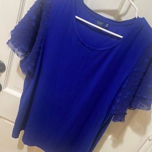 blue , layered ruffled sheer dot short sleeve top